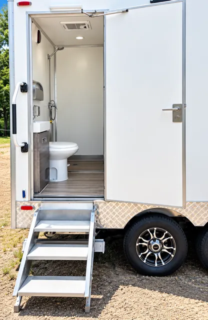 Open bathroom entry with portable steps