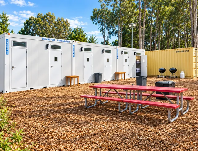 Accommodation units arranged beside an outdoor seating area