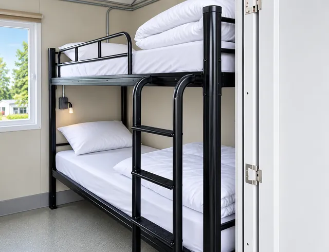 Bunk beds beside a private room entrance