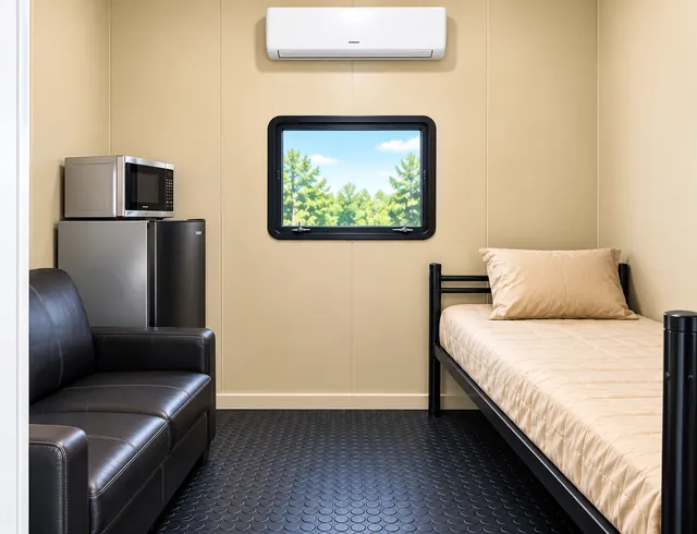 Private accommodation room with bed, seating, and refrigerator