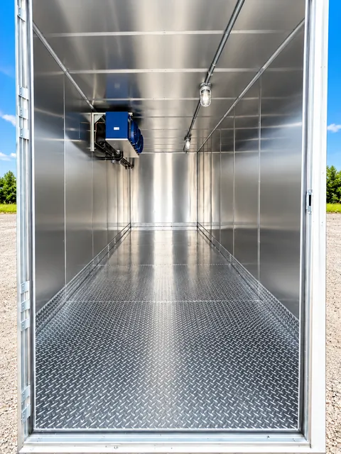 Stainless steel cold-storage interior viewed from the doorway