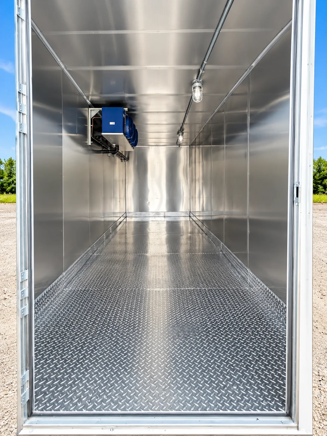 Cold-storage interior with ribbed metal floor