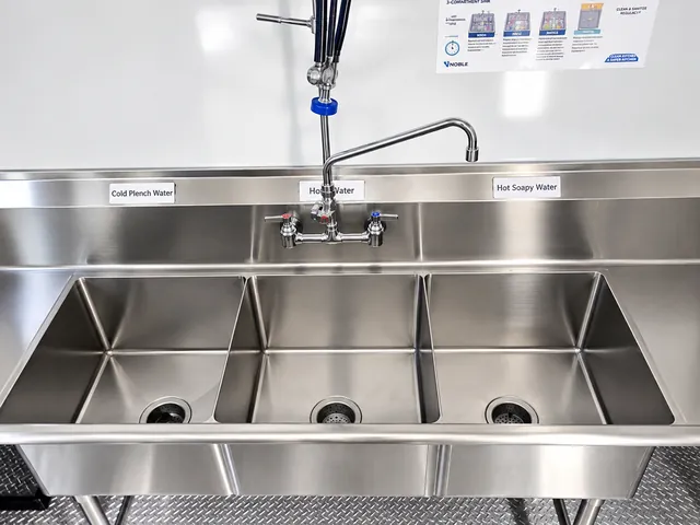 Three-compartment sink and pre-rinse spray