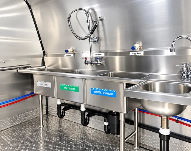 Three-compartment sink and adjacent work surface