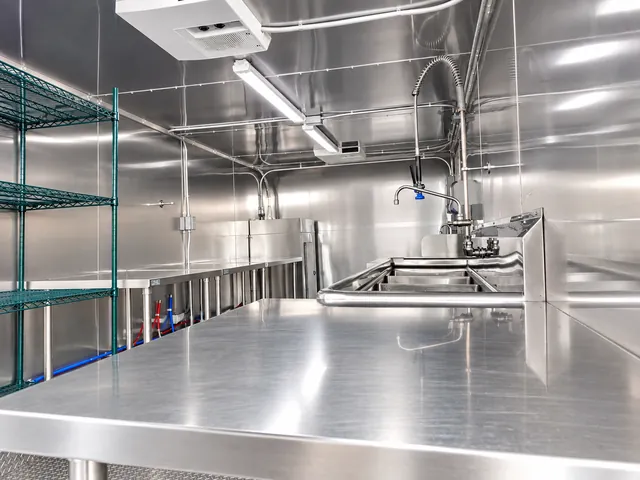 Dishwashing interior with shelving and sinks