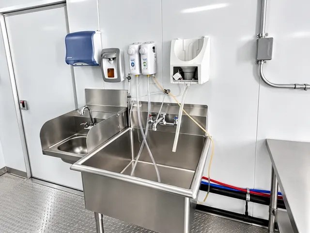 Stainless wash sink and wall-mounted dispensers