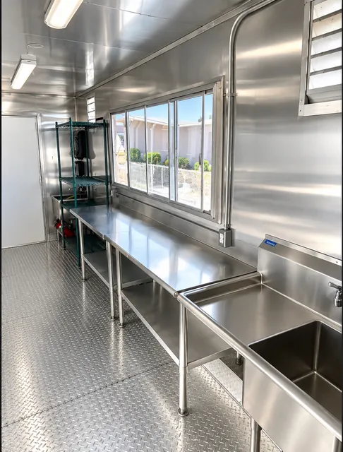 Prep counter beneath a service window