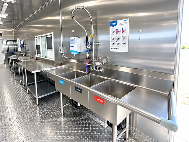 Dishwashing interior with conveyor machine and stainless work areas