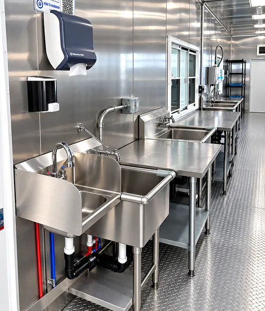 Dishwasher loading station and wash sinks