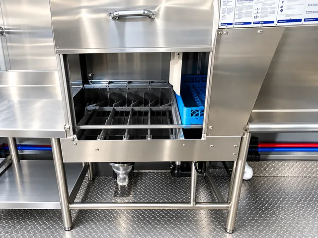 Commercial dishwasher with an open rack compartment