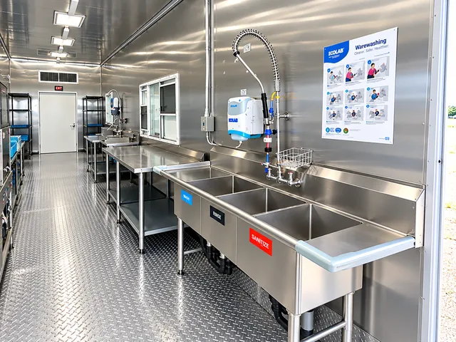 Dishwashing machine beside wash and staging surfaces