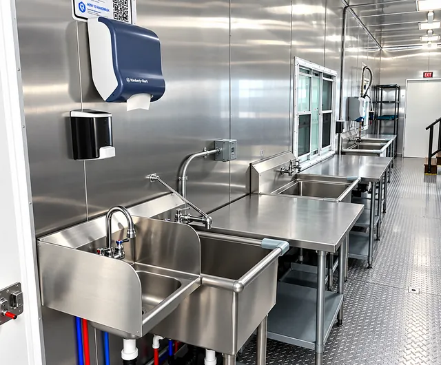 Wash sinks and stainless work tables