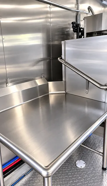 Stainless work table beside dishwashing equipment