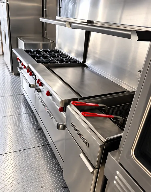 Commercial range, griddle, and fryer cooking line