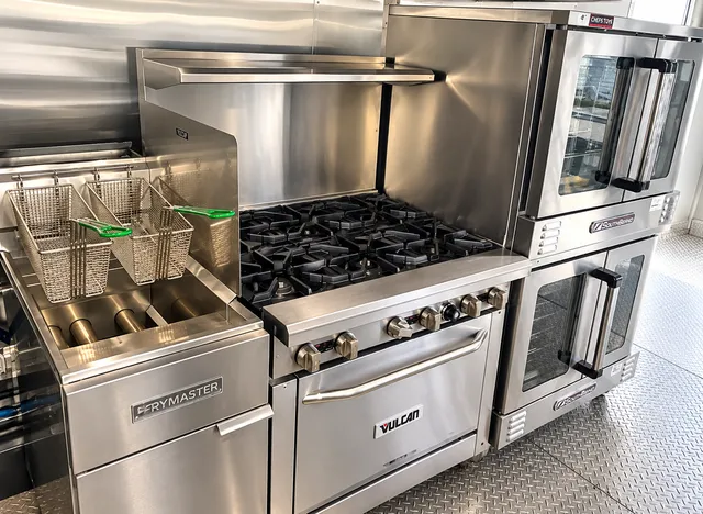 Deep fryer, gas range, and stacked ovens