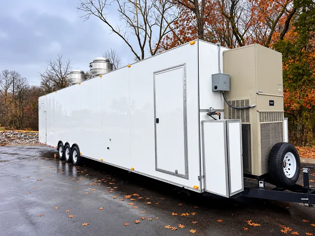 Mobile kitchen trailer exterior and mounted HVAC unit