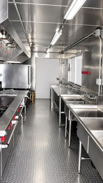 Kitchen cooking and wash areas viewed along the aisle