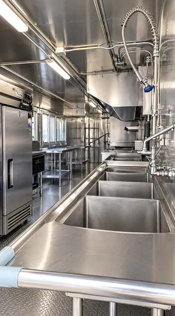 Kitchen wash sinks and central aisle