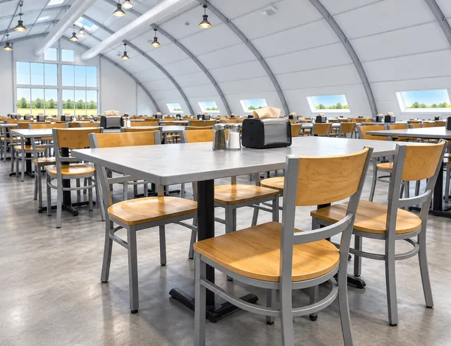 Dining tables and chairs inside a temporary hall