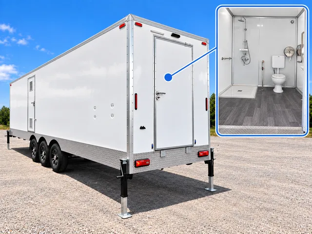 Combination trailer side exterior with an open bathroom inset