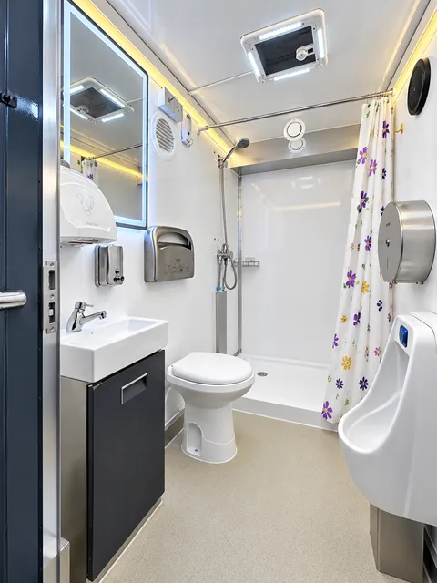 Bathroom interior with toilet, sink, and grab bars