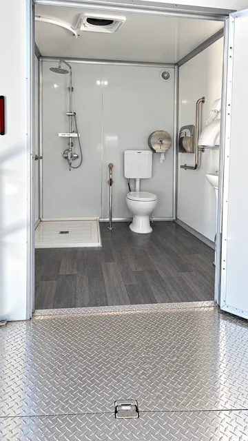 Bathroom interior with shower, toilet, and grab bars