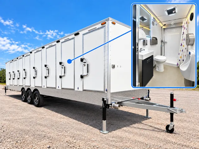 Combination trailer with multiple entrances and a bathroom inset