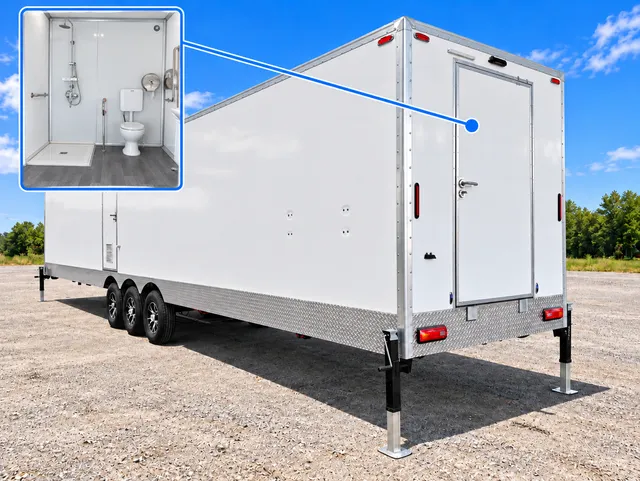 Combination trailer with rear bathroom inset