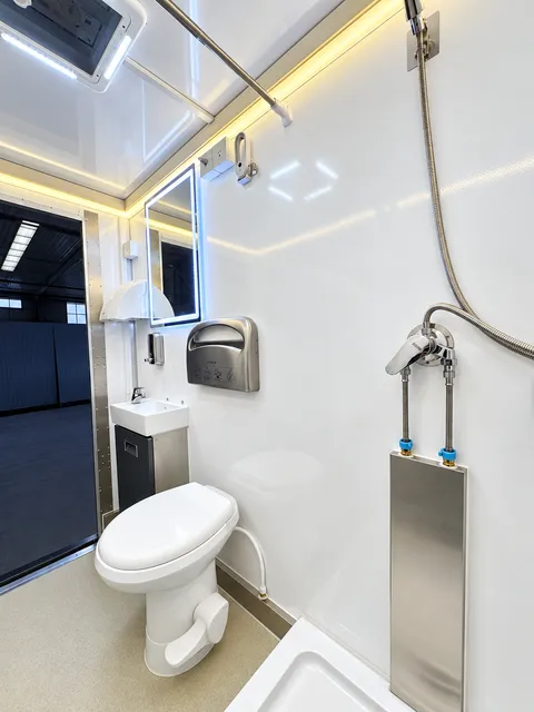 Bathroom toilet and vanity with grab bars