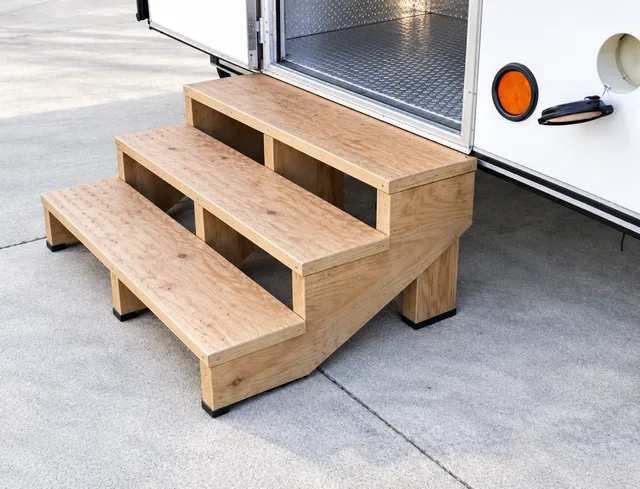 Freestanding wood steps beside a trailer entrance