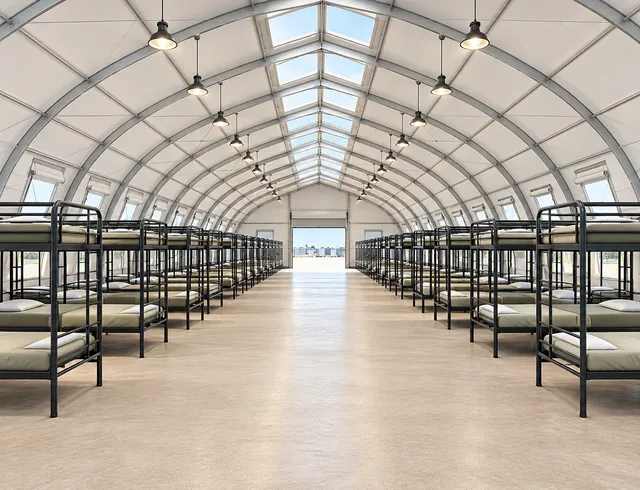 Bunk beds arranged along a central sleeping hall aisle