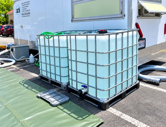 Water storage tanks next to a trailer entry