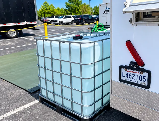 Water storage tank beside a trailer exterior